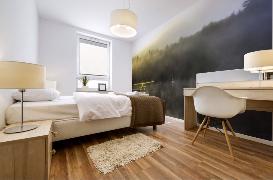 Serenity of a lake on a misty morning Mural print